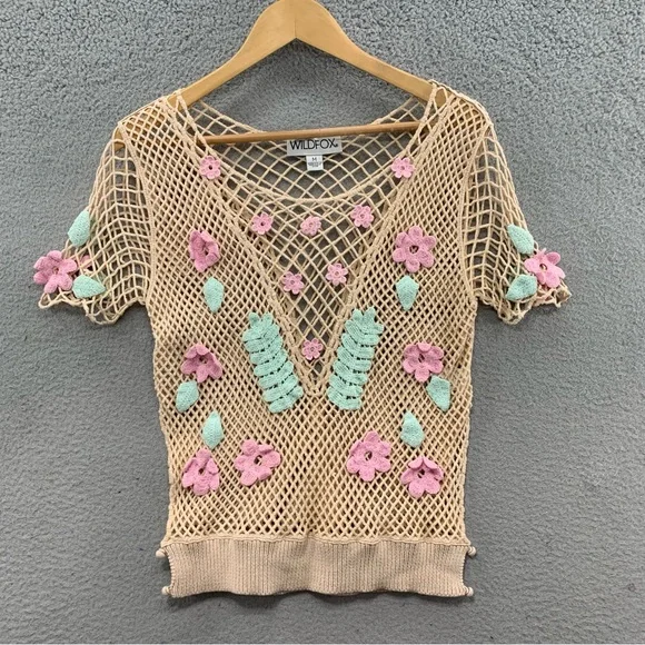 Wildfox Women’s M Crochet Floral Beige Green Embroidered Top Blouse See Through - Picture 1 of 10